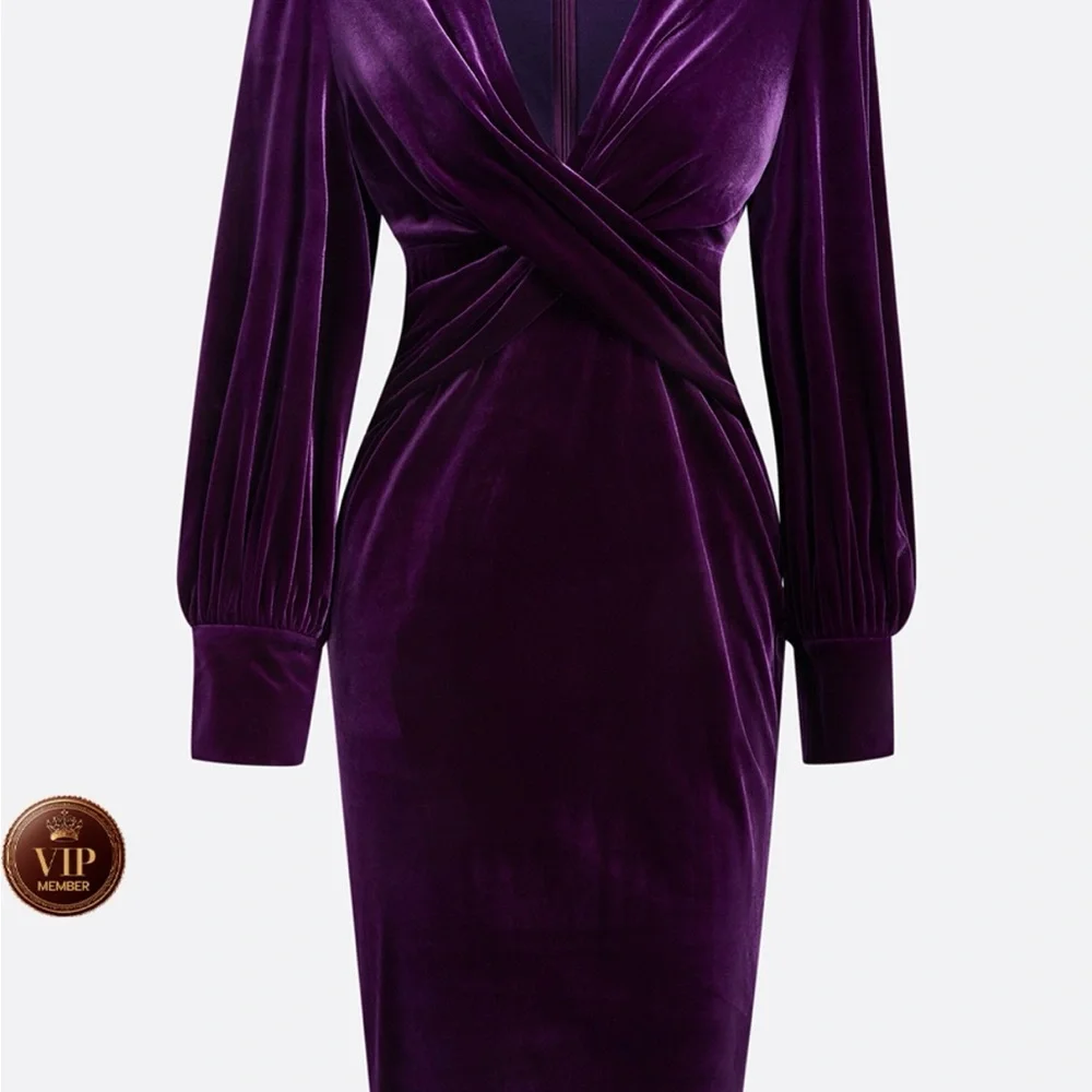 Purple Cross Ruched Velvet Neck Long Sleeve Puff Sheath Midi Dress - Picture 2 of 7